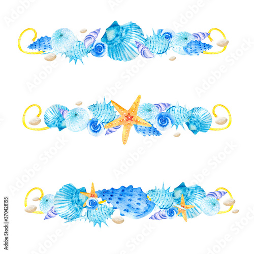 Watercolor clipart compositions for decoration with blue sea shells, orange starfish and snails on a white background. Marine composition. Illustrations for postcard design template hand-drawn