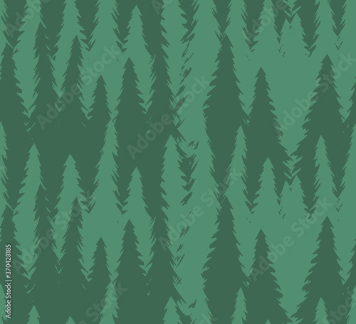 Vector seamless pattern of green colored hand drawn sketch spruce tree forest isolated on background