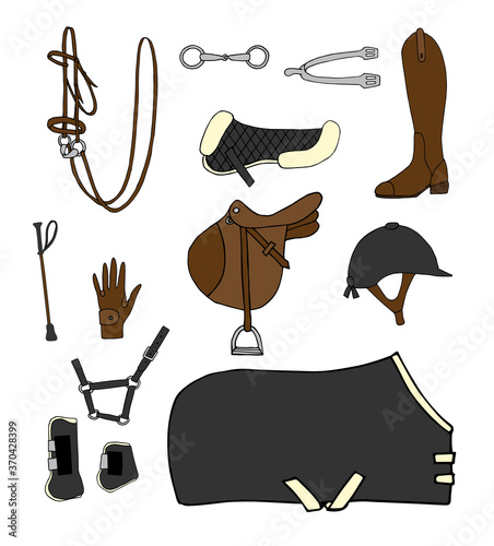Vector set bundle of colored hand drawn doodle sketch horse riding equestrian equipment isolated on white background