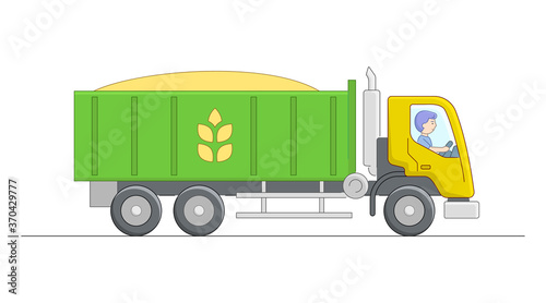 Vector Illustration Of Green And Yellow Tipper With Driver Character. Linear Cartoon Composition On White Background. Outline Rural Farm Object Transporting Goods. Wheat Transportation With Dump Truck