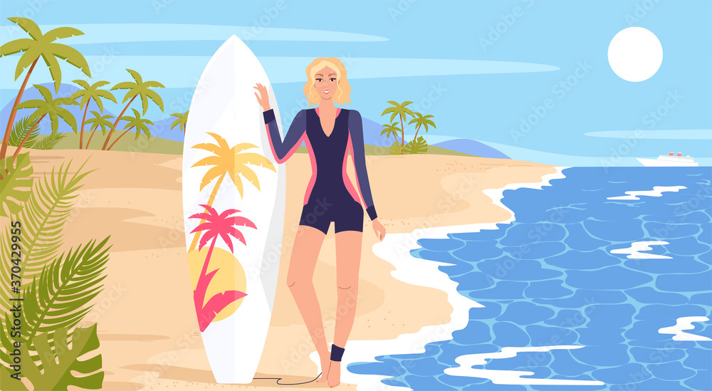 Young woman surfer standing on the tropical island beach