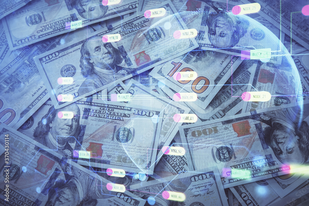 Double exposure of data theme drawing over us dollars bill background. Technology concept. Double exposure of data theme drawing over us dollars bill background. Technology concept.