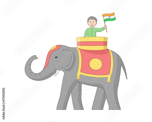 Male Character With FLag Of India In His Hand Riding An Elephant. Indian Man And Animsl With Outline. Cartoon Vector Composition On White Background. Linear Objects Clip Art. Patriotic Concept Picture photo