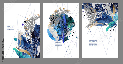Abstract watercolor banners with blots and tropical leaves. Vector.