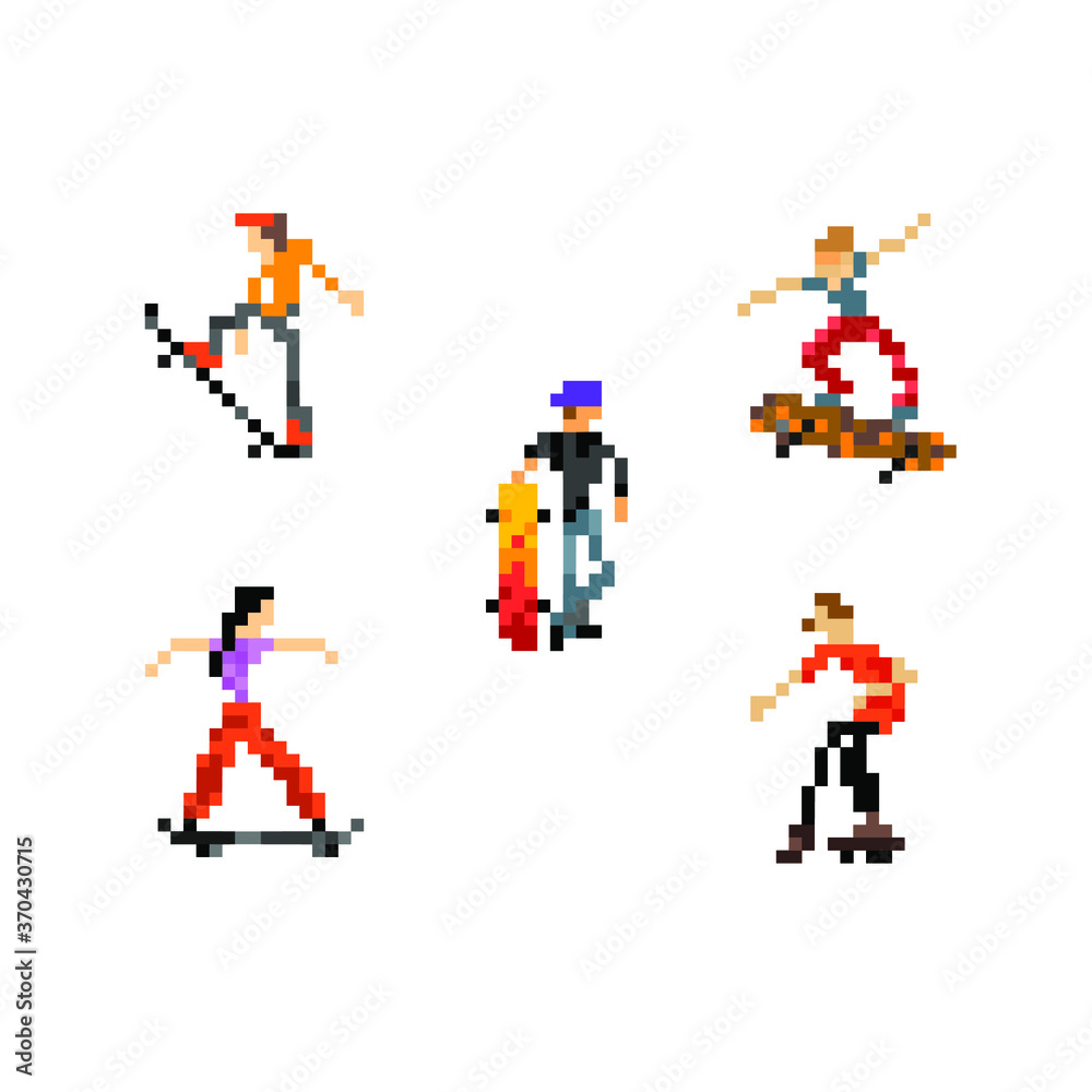 Collection of color images of cool skaters with skateboards in various dynamic poses. All images are made in the pixel art style. Collection of color images of cool skaters with skateboards in various dynamic poses. All images are made in the pixel art style.