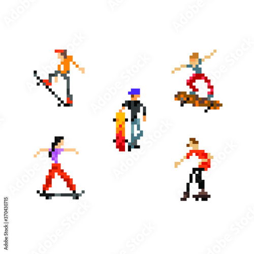 Collection of color images of cool skaters with skateboards in various dynamic poses. All images are made in the pixel art style.