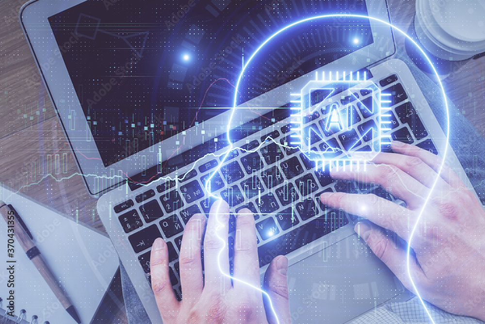 Double exposure of man's hands typing over computer keyboard and brain hologram drawing. Top view. Ai and data technology concept. Double exposure of man's hands typing over computer keyboard and brain hologram drawing. Top view. Ai and data technology concept.