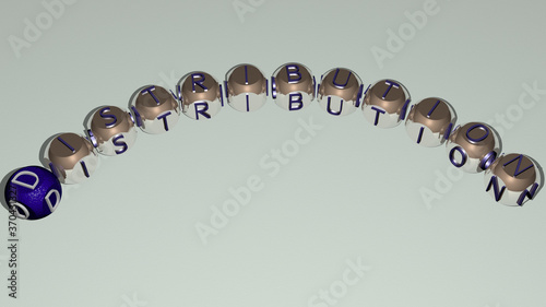 Photos crosswords of DISTRIBUTION arranged by cubic letters on a mirror floor, concept meaning and presentation
