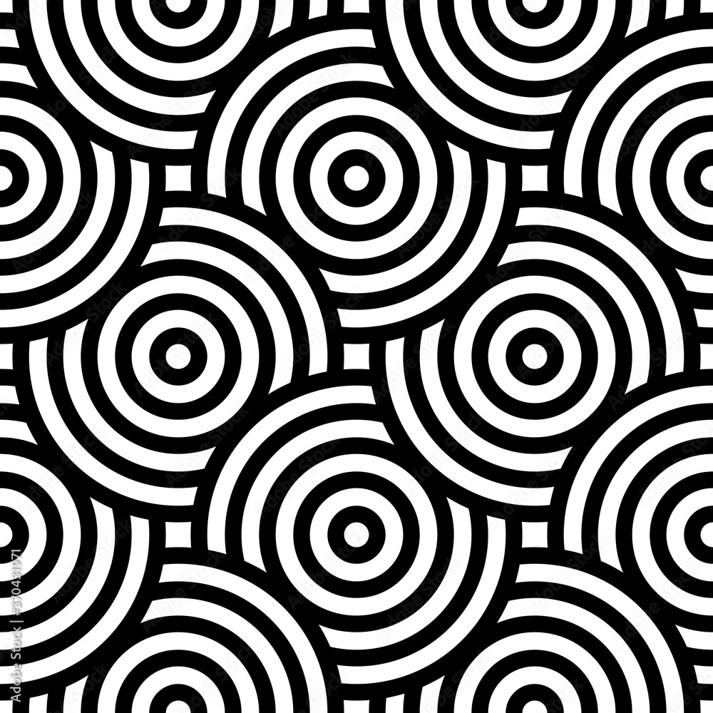 Vector seamless pattern with bold striped circles. Stylish geometric texture. Modern abstract background.