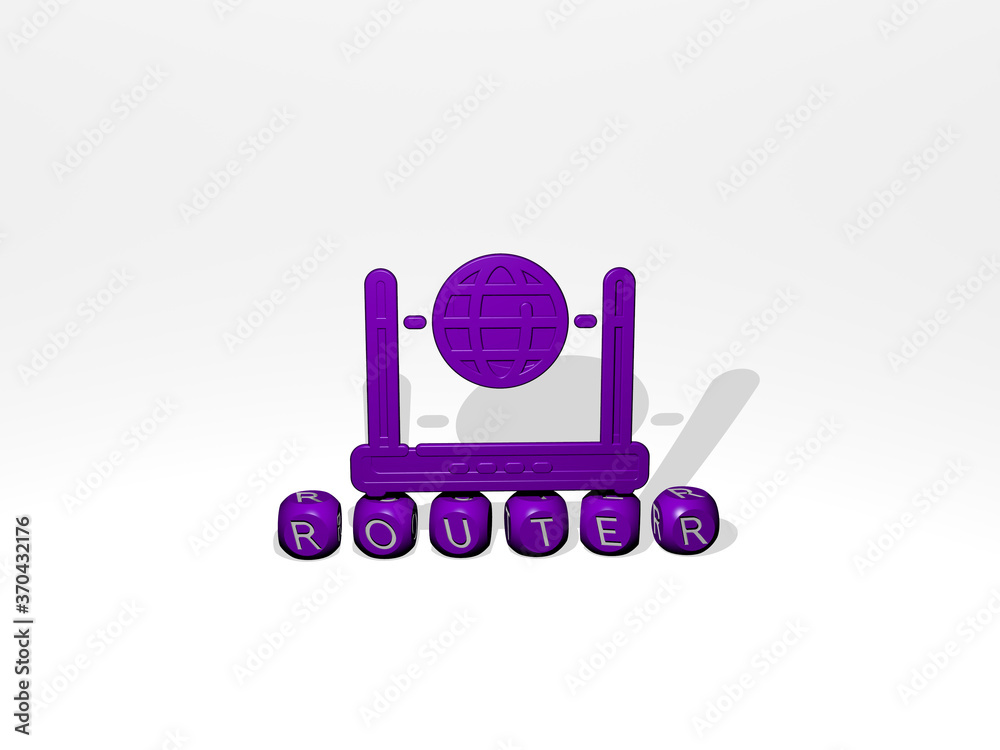 3D illustration of ROUTER graphics and text made by metallic dice letters for the related meanings of the concept and presentations. internet and connection 3D illustration of ROUTER graphics and text made by metallic dice letters for the related meanings of the concept and presentations. internet and connection