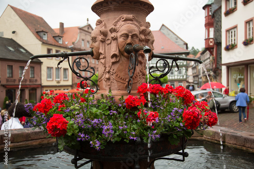 flowers and sculpture in the city square, Miltenberg, Bavaria, Germany photo