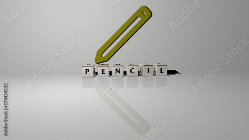 3D representation of PENCIL with icon on the wall and text arranged by metallic cubic letters on a mirror floor for concept meaning and slideshow presentation. illustration and background photo