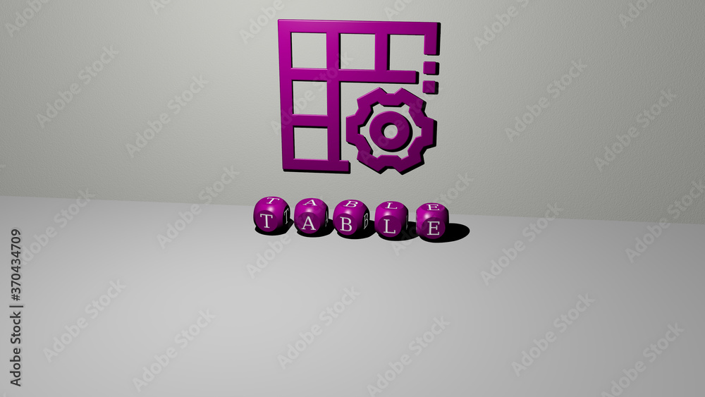 Obraz premium 3D graphical image of TABLE vertically along with text built by metallic cubic letters from the top perspective, excellent for the concept presentation and slideshows. background and wooden