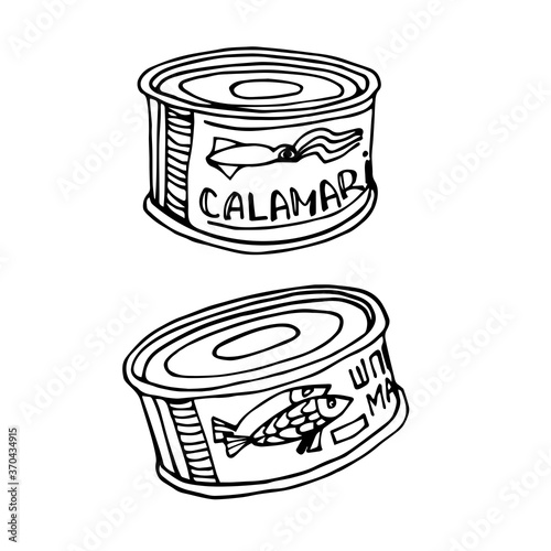 canned fish & squid, delicious seafood, for icon, logo or emblem, vector illustration with black ink contour lines isolated on a white background in a hand drawn & doodle style