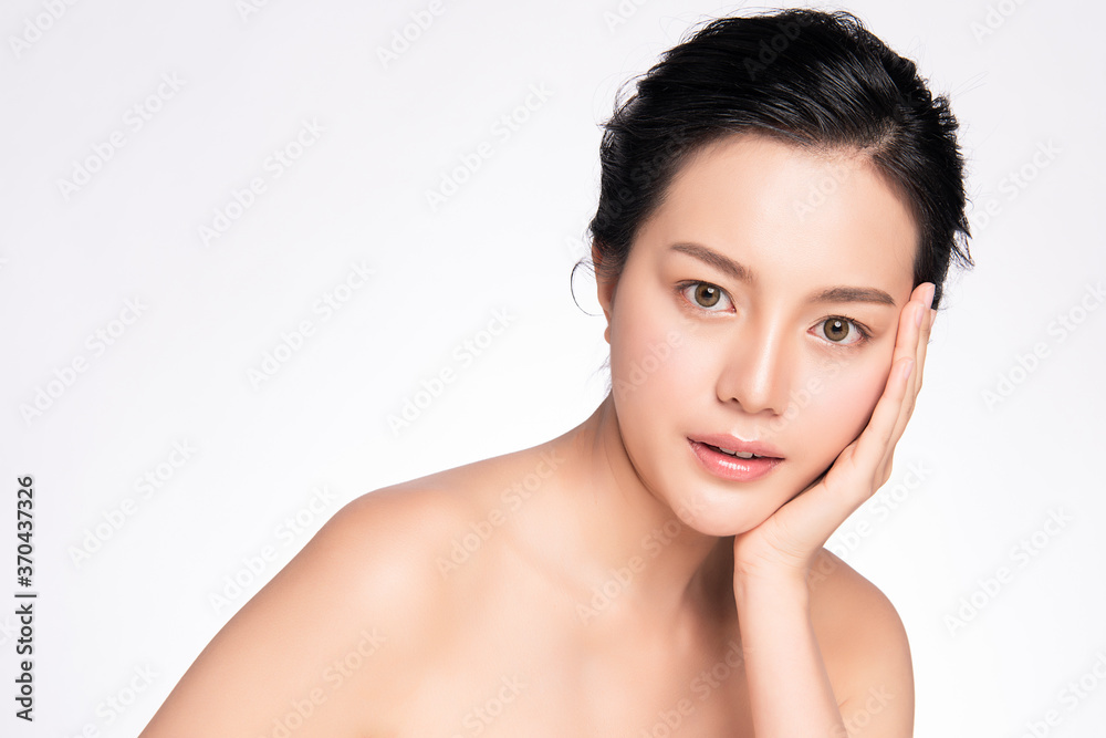 Beautiful Young asian Woman with Clean Fresh Skin, on white background, Face care, Facial treatment, Cosmetology, beauty and spa, Asian women portrait Beautiful Young asian Woman with Clean Fresh Skin, on white background, Face care, Facial treatment, Cosmetology, beauty and spa, Asian women portrait