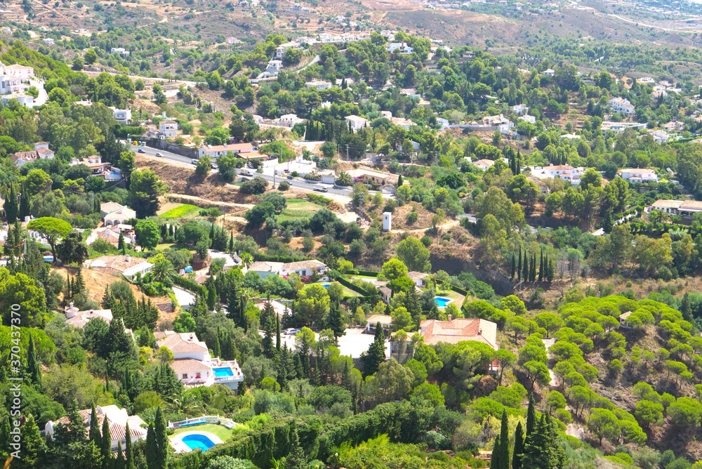 View of Sevilla Seville city, with beautiful and big houses with swimming pool, Sevilla, Seville, Andalusia, Spain.