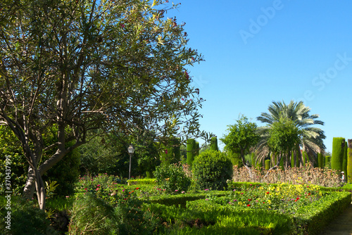 The popular gardens with fountains of Alcazar de los Reyes Cristianos, located in the Andalusian city of Cordoba, Spain.
