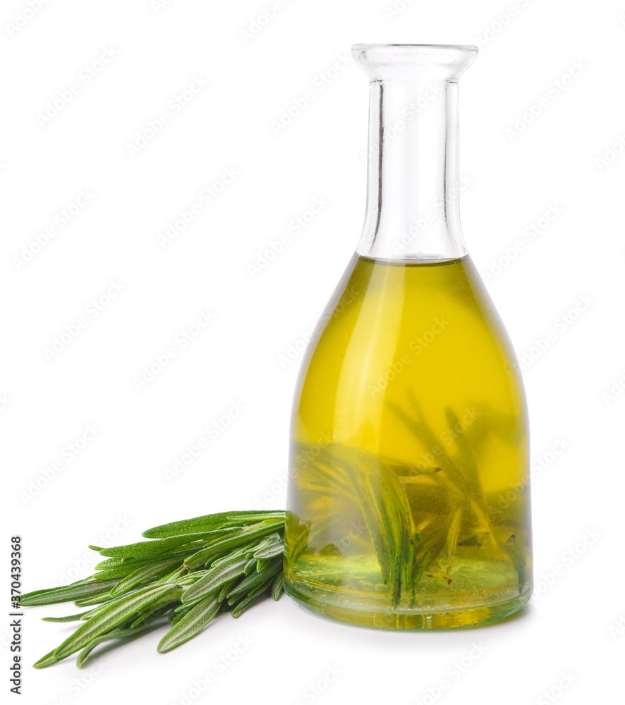 Bottle of rosemary oil on white background Bottle of rosemary oil on white background