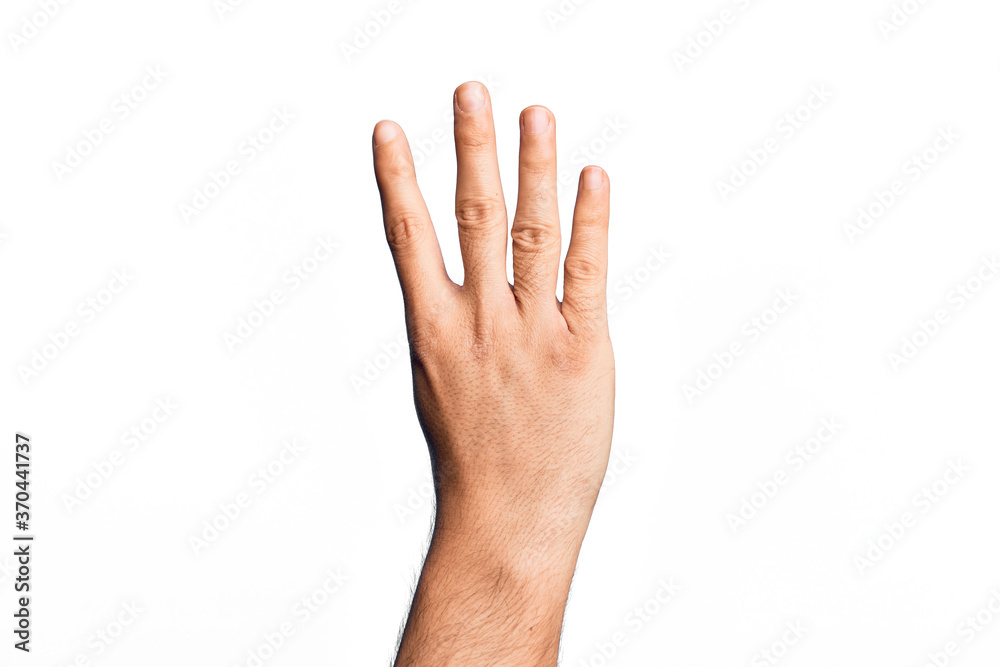 Hand of caucasian young man showing fingers over isolated white background counting number 4 showing four fingers Hand of caucasian young man showing fingers over isolated white background counting number 4 showing four fingers