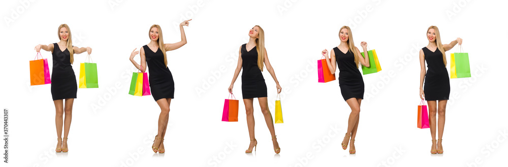 Woman after shopping spree on white