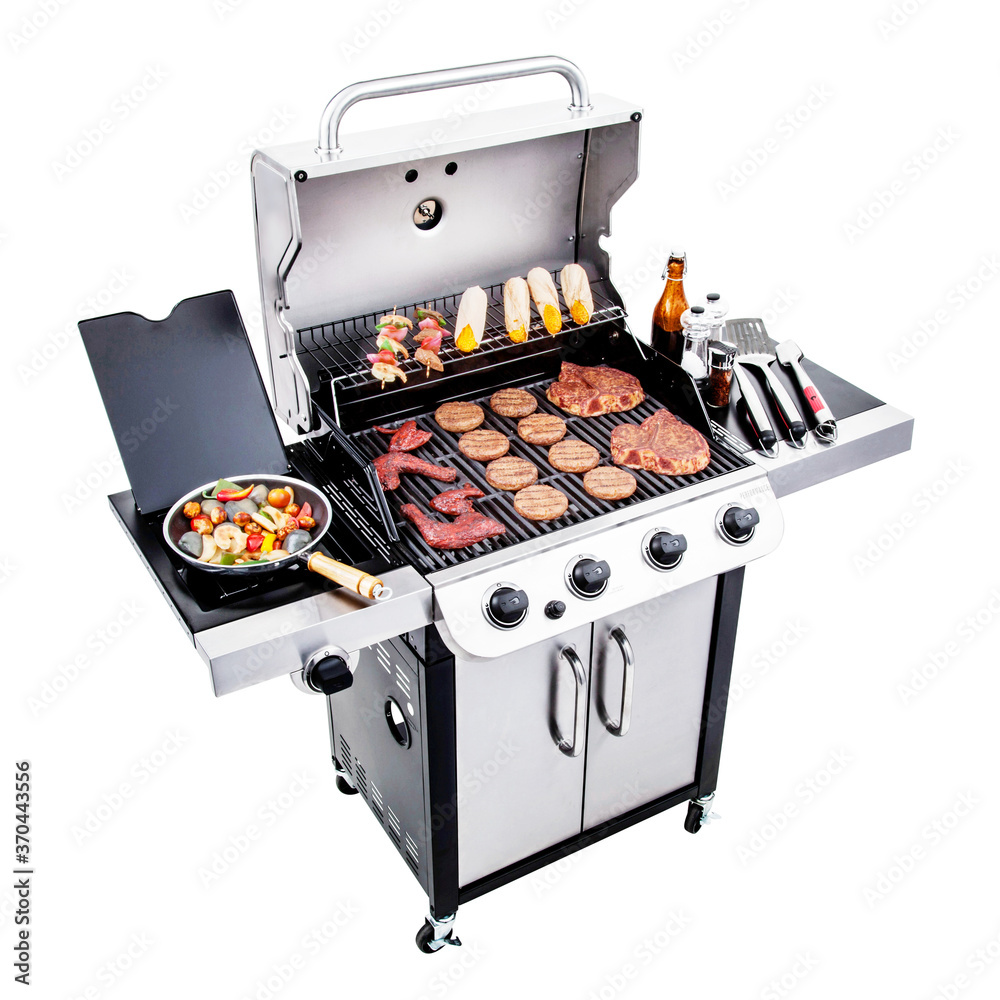 Barbecue Gas Grill with Food Isolated on White Background. Stainless