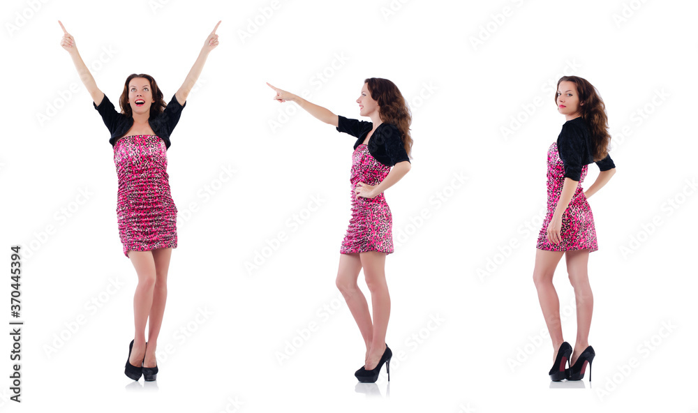 Woman pressing virtual button isolated on white Woman pressing virtual button isolated on white