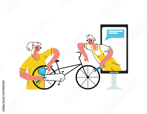 Vector flat illustration woman repairing Bicycle. It helps in this online repair application. It can be used in web design, banners, business cards, etc.