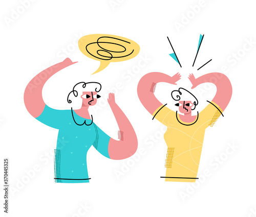 Vector flat illustration communication, gossip, friends, two women about different things. One whispers something in other s ear. Concept information exchange, misinformation, secrets, public news.
