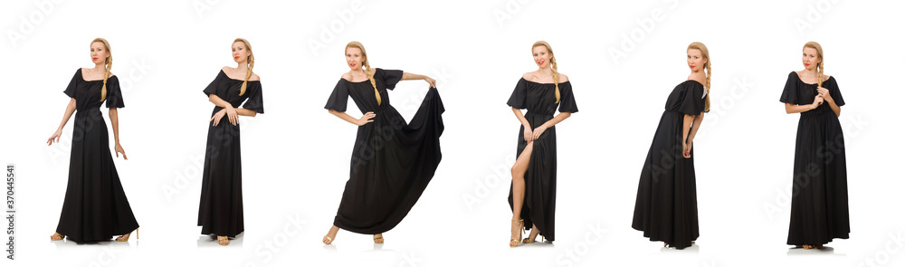 Tall woman in long black dress isolated on white Tall woman in long black dress isolated on white