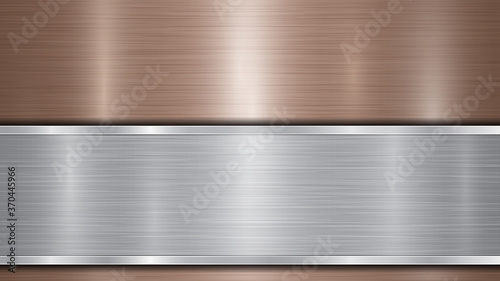 Background consisting of a bronze shiny metallic surface and one horizontal polished silver plate located below, with a metal texture, glares and burnished edges