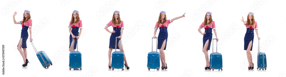 Woman travel attendant with suitcase on white Woman travel attendant with suitcase on white