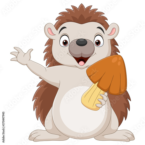Cartoon little hedgehog holding a mushroom