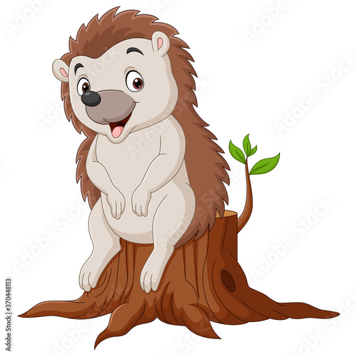 Cartoon little hedgehog sitting on tree stump