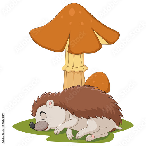 Cartoon little hedgehog sleeps under the mushroom