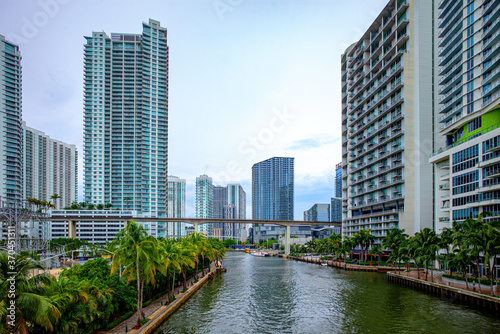 Water in the city. Canal from the ocean among the skyscrapers of Miami.