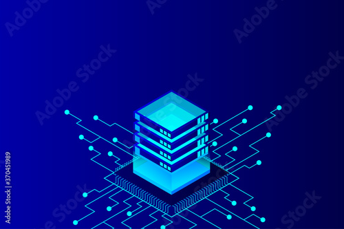 Mainframe, powered server, high technology concept, data center, cloud data storage isometric vector illustration ultraviolet background