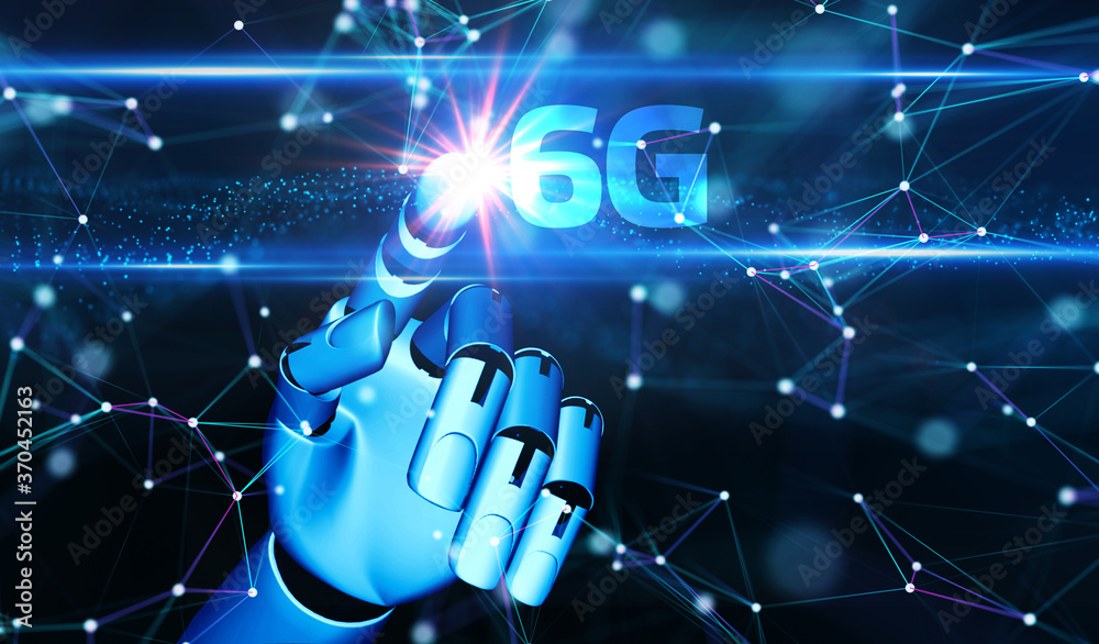 Obraz premium The concept of 6G network, high-speed mobile Internet, new generation networks. Business, modern technology, internet and networking concept. 3D illustration.