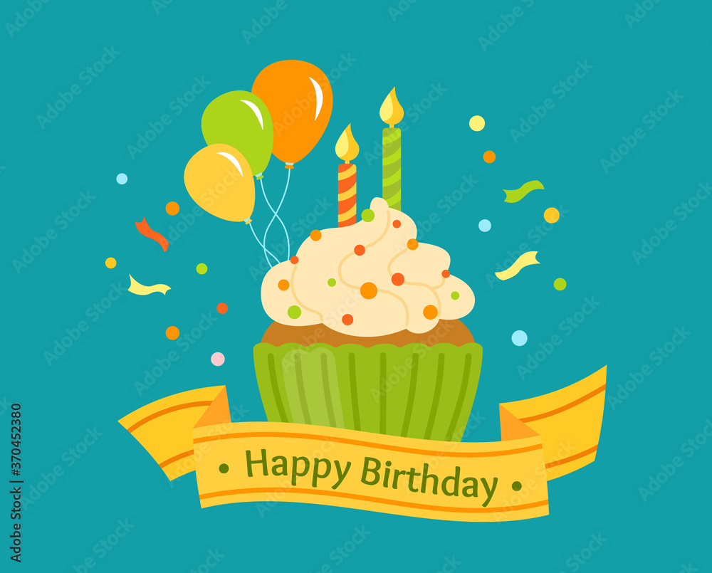 Birthday flat greeting tape, cupcakes with balloons and confetti. Cartoon colorful dessert. Party design muffin cream and candles. Holiday party sweet. Vector illustration isolated on background Birthday flat greeting tape, cupcakes with balloons and confetti. Cartoon colorful dessert. Party design muffin cream and candles. Holiday party sweet. Vector illustration isolated on background