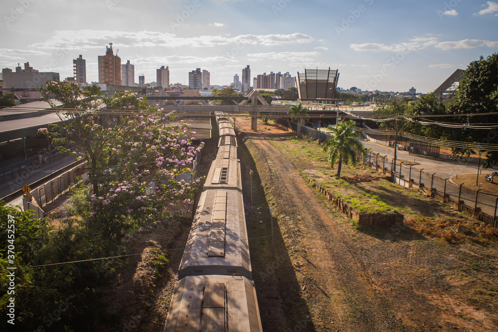 Fototapeta premium A cargo train crossing the city center of São José do Rio Preto/SP on a sunny day, depicting industrial transport moving through a vibrant urban Brazilian landscape