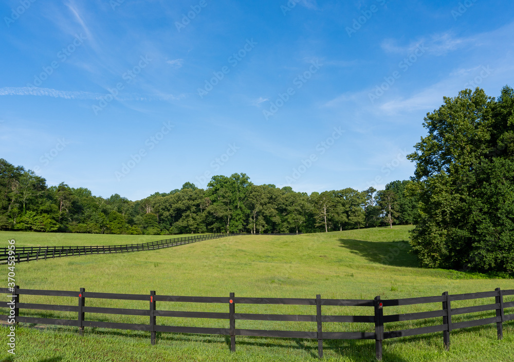 A rollling green field surrounded by trees and a wooden fence in a rural area in Georgia
