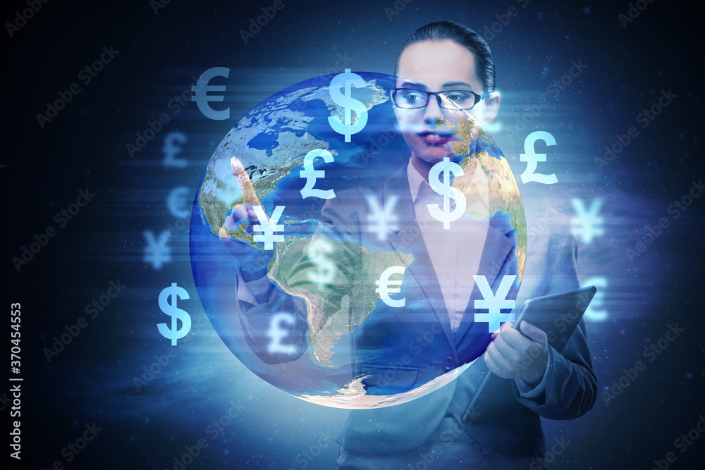 Fototapeta premium Global money transfer and exchange concept with businesswoman
