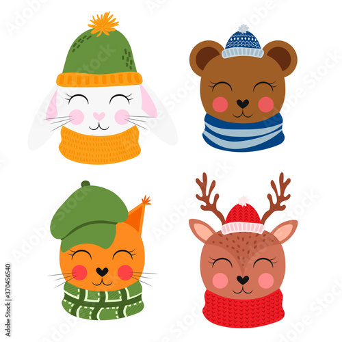 Set of cute cartoon forest animals in a hat and scarf. Rabbit, squirrel, bear, deer. Animal faces. Flat vector illustration isolated on white background.