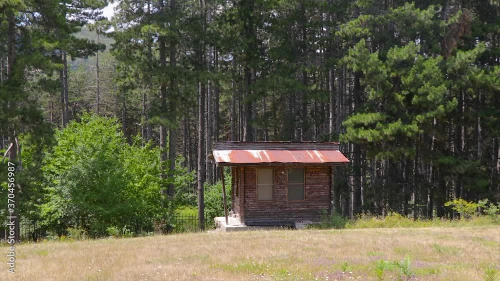 Cabin in the woods with tall trees above. Peaceful getaway in nature. Cabin in the woods with tall trees above. Peaceful getaway in nature.