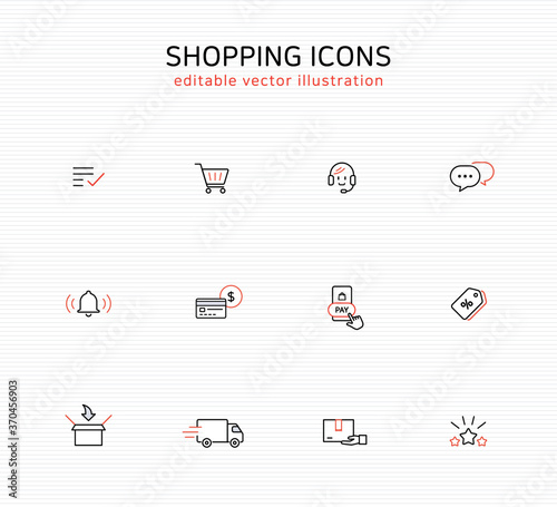Shopping icon set for web and app: editable line icons using for online and offline shopping process from order to delivery