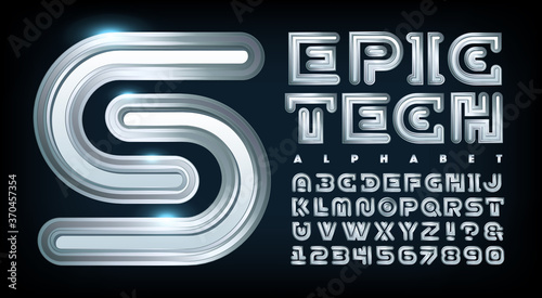 Vector Font; Epic Tech is a High Technology Futuristic Alphabet with the Metallic Effect of Complex Extruded Aluminum Rails. Lettering Style for Science, Technology, Communications, Robotics & Logos.