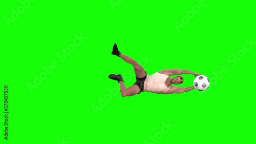 A 4k 3d animation with a avatar man playing sport and dressed as a goalkeeper, diving and making saves with a football