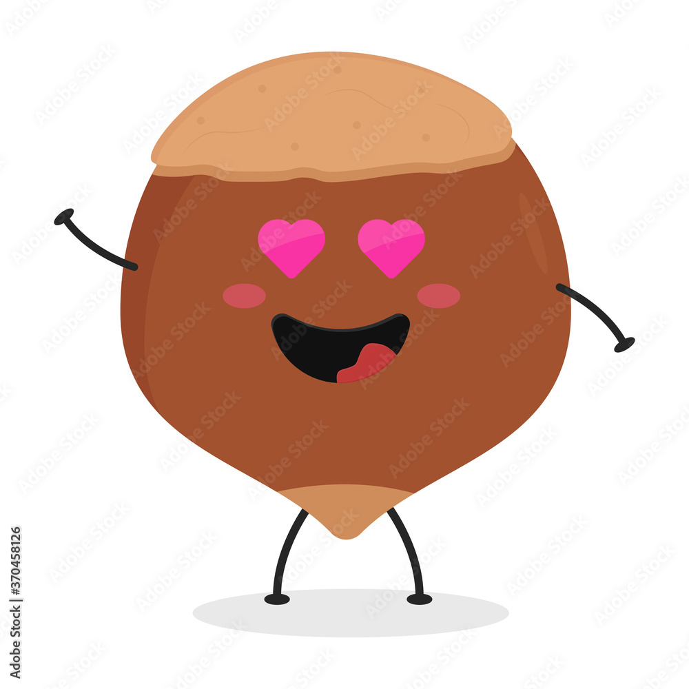 Cute flat cartoon hazelnut illustration. Vector illustration of cute hazelnut with a smiling expression. Cute flat cartoon hazelnut illustration. Vector illustration of cute hazelnut with a smiling expression.