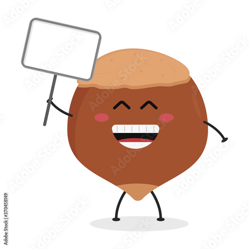 Cute flat cartoon hazelnut holding a sign illustration. Vector illustration of cute hazelnut with a smiling expression.