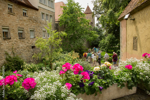 A tour group walking through flowers on a path in Burggarten Park  Rothenburg  Germany.