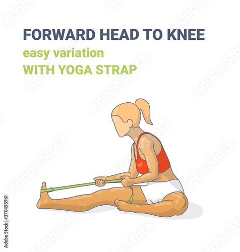 Forward Head to Knee or Janu Sirsasana Easy Variation with Yoga Strap Colorful Illustration Concept.